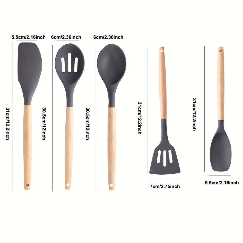 5pcs Silicone Kitchen Utensil Set with Wooden Handles