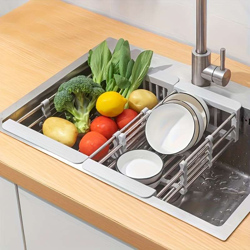 1pc Adjustable Stainless Steel Over Sink Dish Drying Rack
