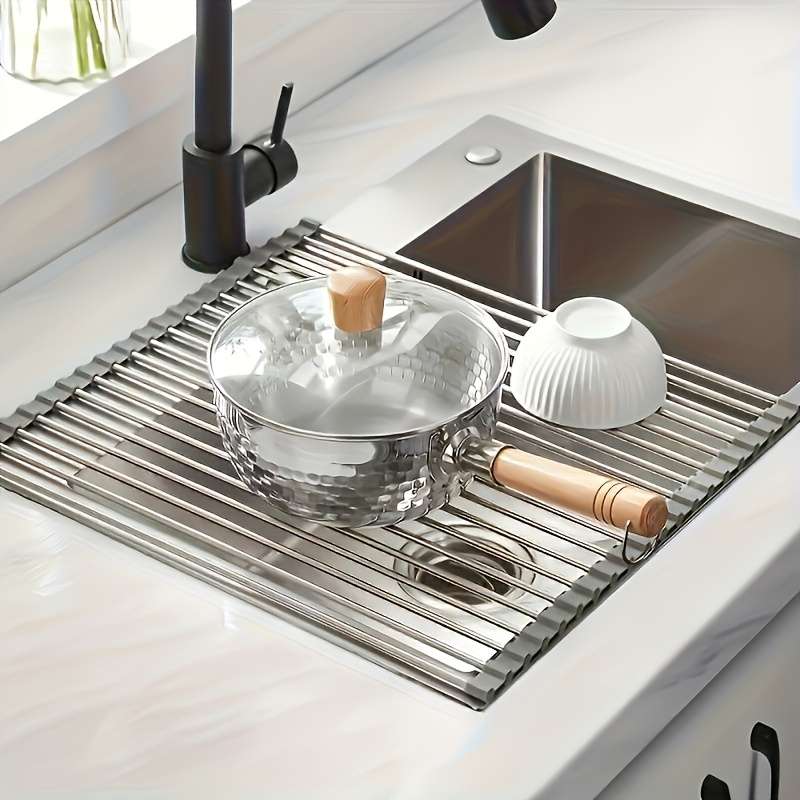 1pc Deluxe Stainless Steel Roll-Up Dish Drying Rack