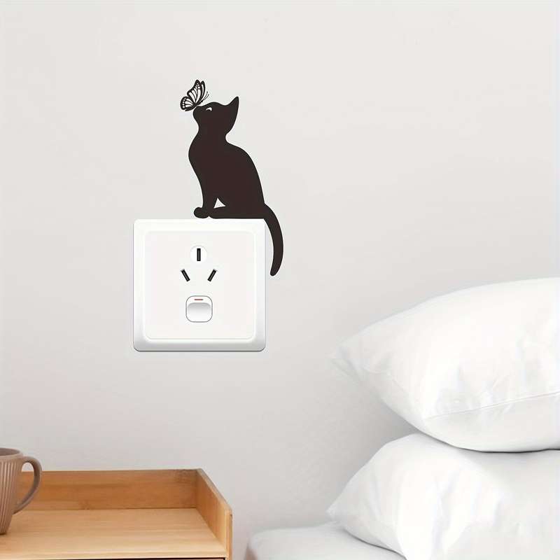 1pc Adorable Cat & Butterfly Vinyl Wall Sticker - Removable, Waterproof, Perfect for Light for Switc