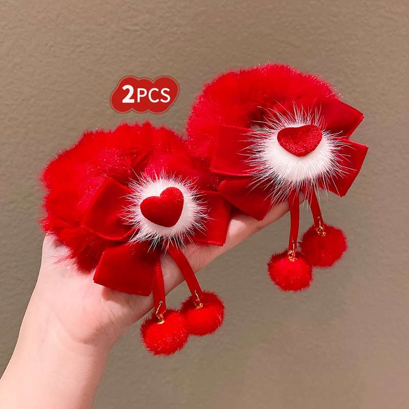 Cute Red Bow Plush Hair Ties