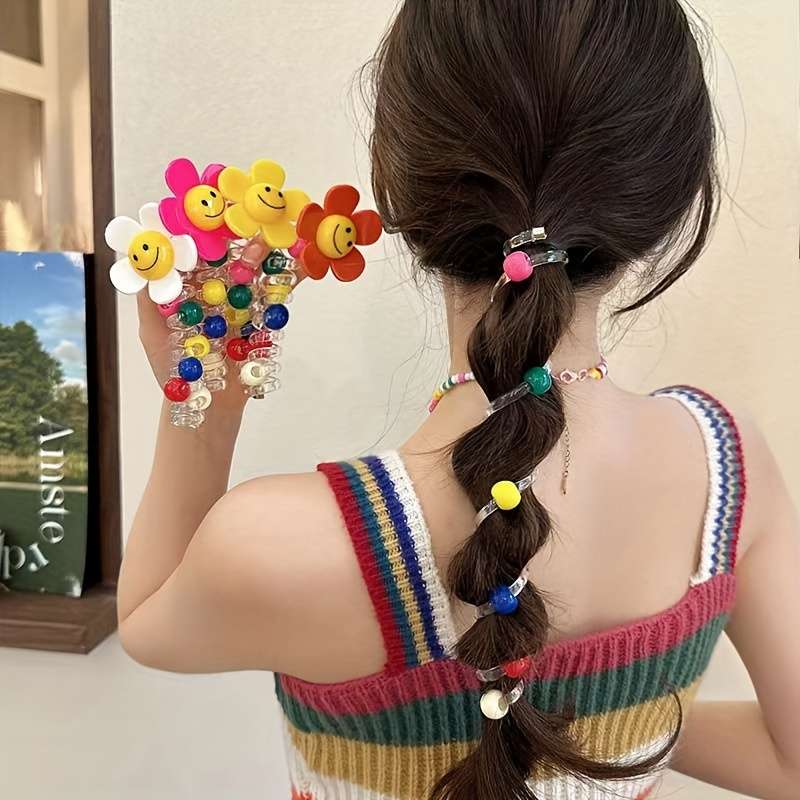 1pc Cute Sunflower Beaded Hair Ties