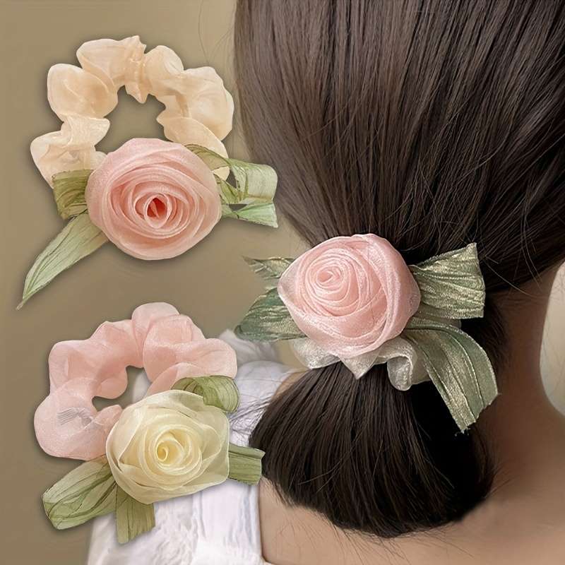 Elegant Mesh Rose Flower Hair Ties Set