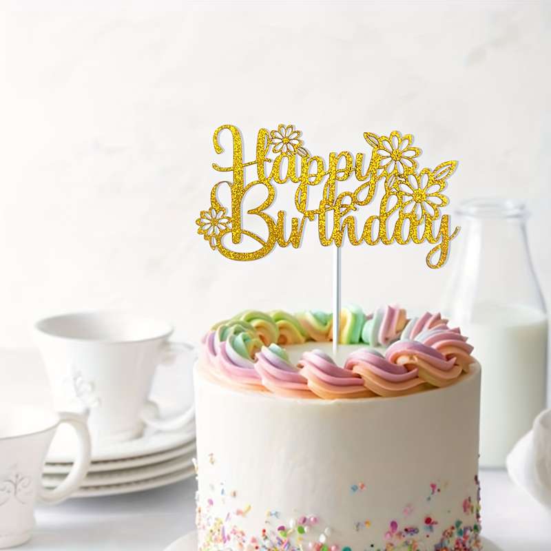 Elegant Golden Flower Daisy Birthday Cake Topper