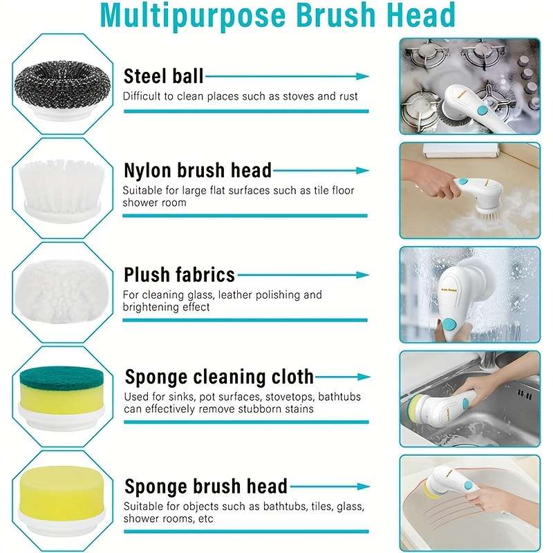 A Cordless Handheld Cleaning Brush with 5 Interchangeable Brush Heads