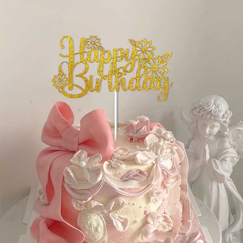 Elegant Golden Flower Daisy Birthday Cake Topper