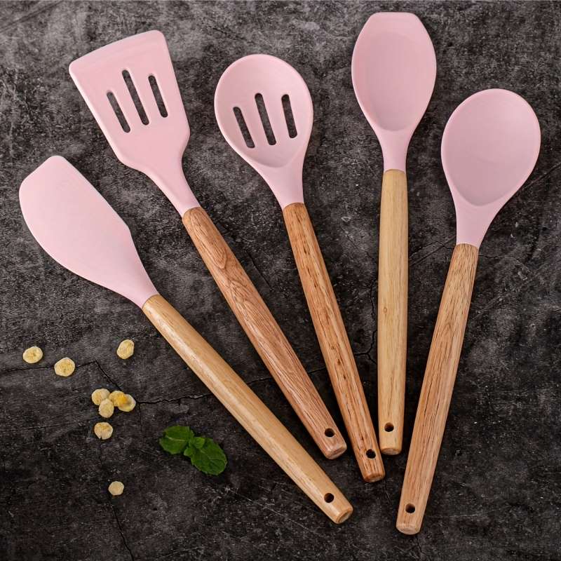 5pcs Silicone Kitchen Utensil Set with Wooden Handles