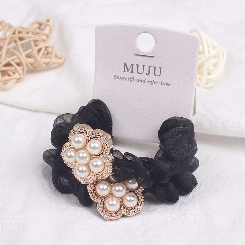 Elegant 2pcs Set Faux Pearl & Mesh Hair Ties