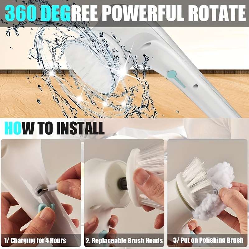 A Cordless Handheld Cleaning Brush with 5 Interchangeable Brush Heads