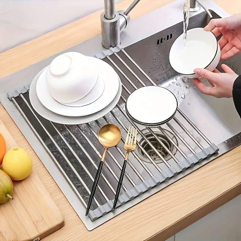 1pc Deluxe Stainless Steel Roll-Up Dish Drying Rack