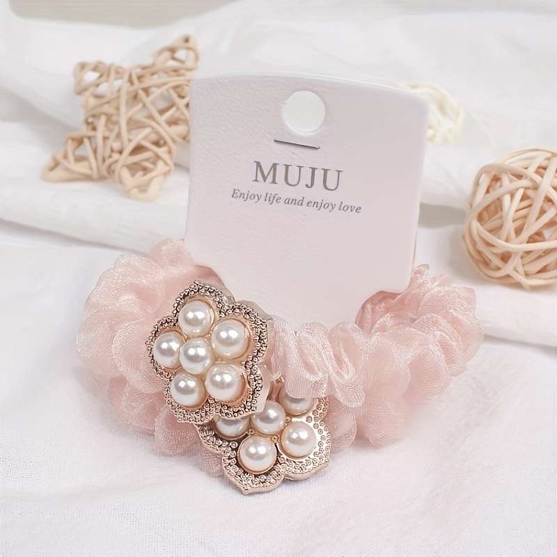 Elegant 2pcs Set Faux Pearl & Mesh Hair Ties