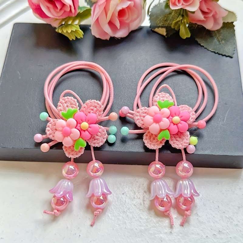 2PCS Cute Pink Tassel Hair Ties for Women