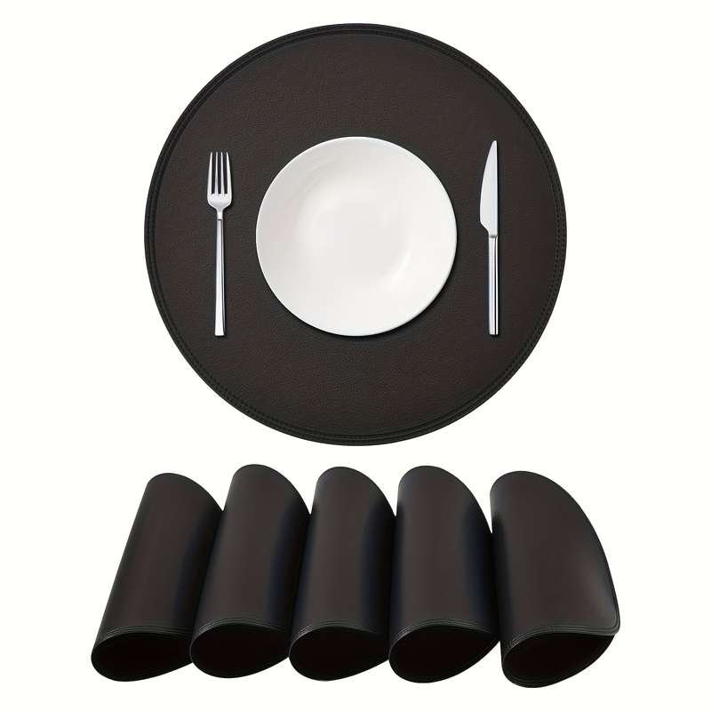 6pcs Set of Black Round and Oval Faux Leather Table Mats