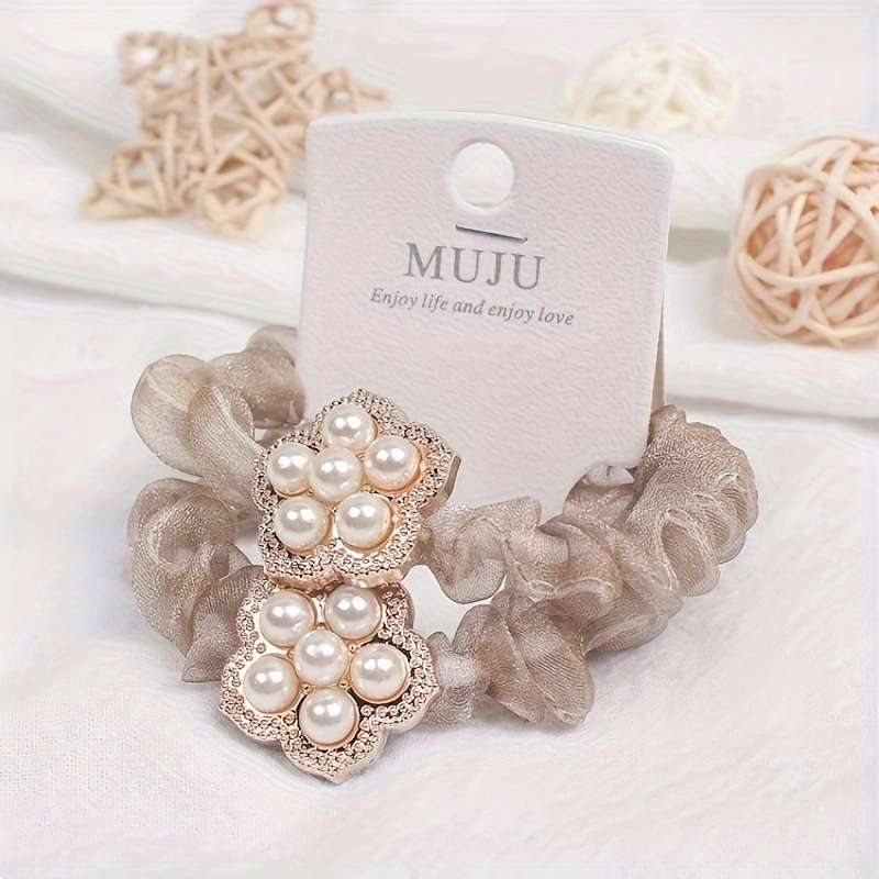 Elegant 2pcs Set Faux Pearl & Mesh Hair Ties