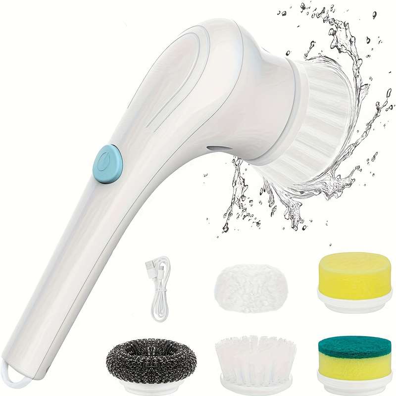 A Cordless Handheld Cleaning Brush with 5 Interchangeable Brush Heads