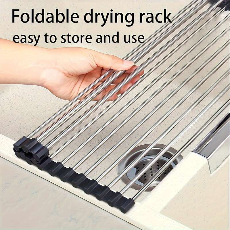1pc Deluxe Stainless Steel Roll-Up Dish Drying Rack