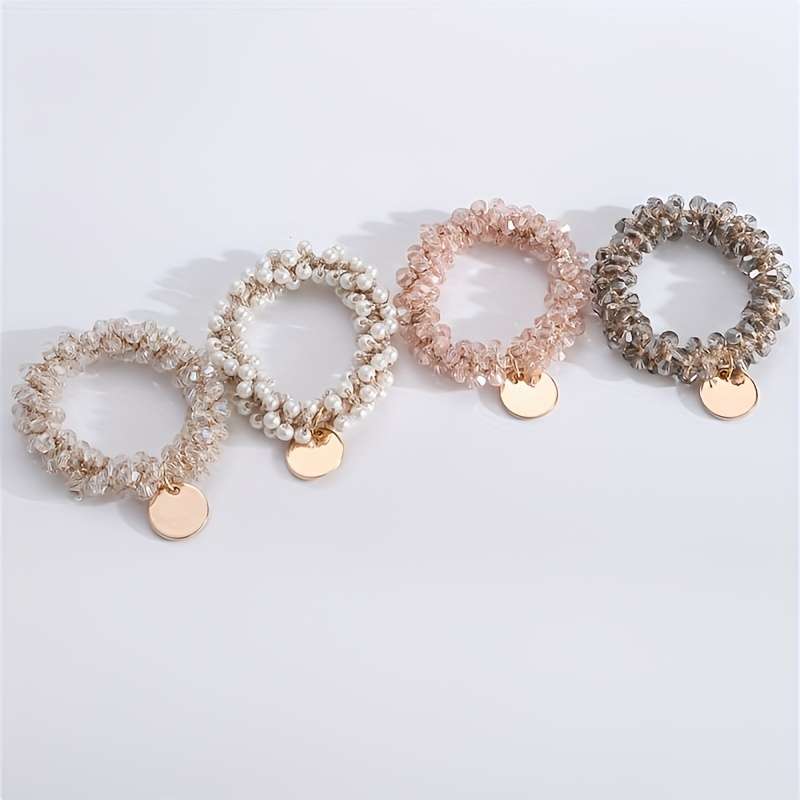 Elegant 4pcs Set of Faux Pearl And Crystal Hair Ties