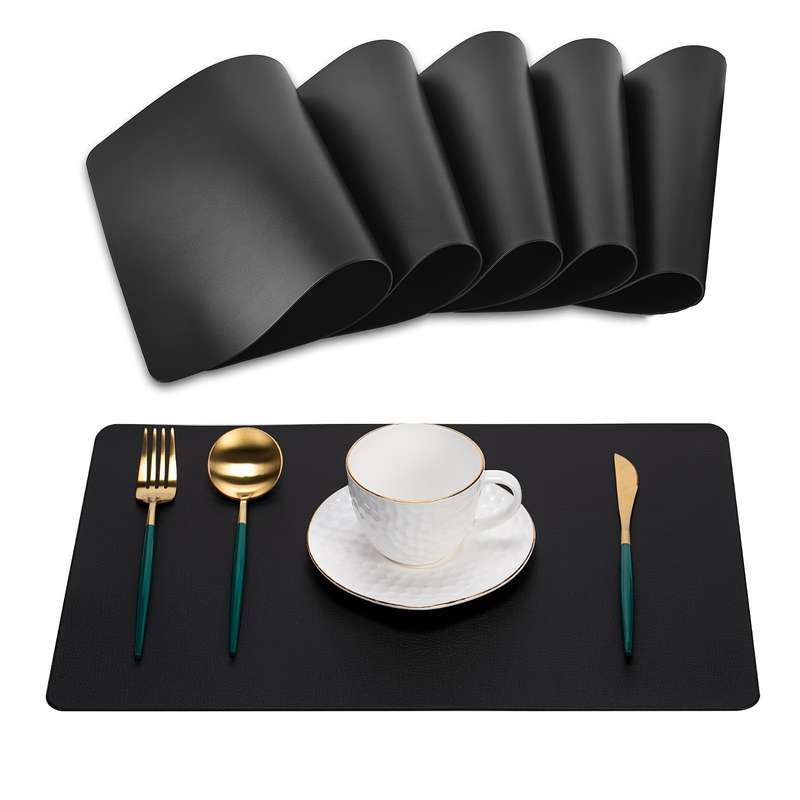 6pcs Set of Black Round and Oval Faux Leather Table Mats