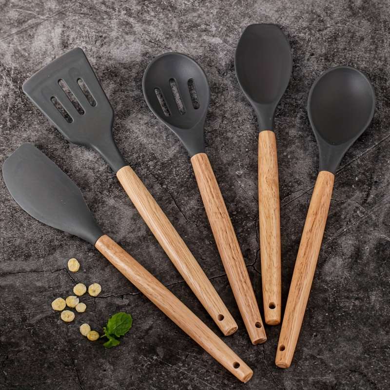 5pcs Silicone Kitchen Utensil Set with Wooden Handles