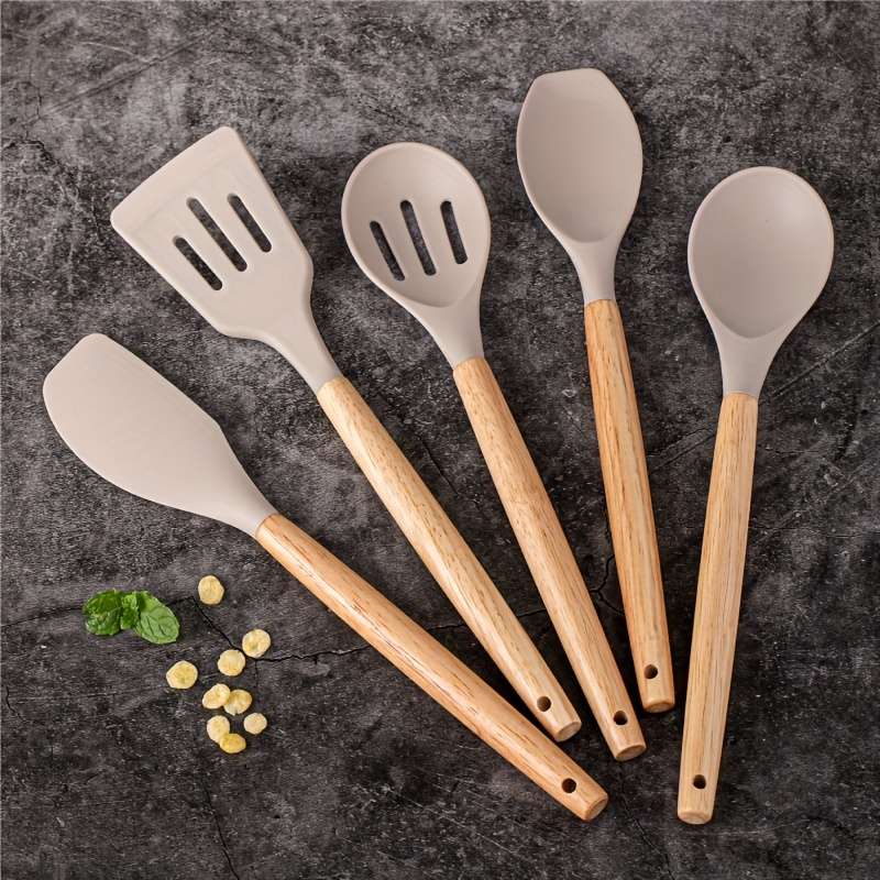 5pcs Silicone Kitchen Utensil Set with Wooden Handles
