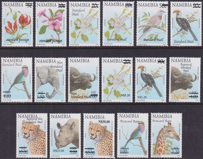 NAMIBIA collection of surcharges on 1997 3rd Definitive Series, incl SACC 499 (all MNH cat R3500)