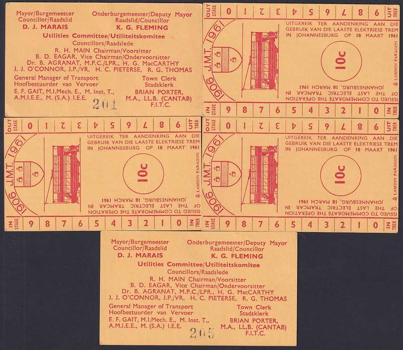 SOUTH AFRICA 5 tickets for the last electric tramcar in Johannesburg on 18 March 1961, unused