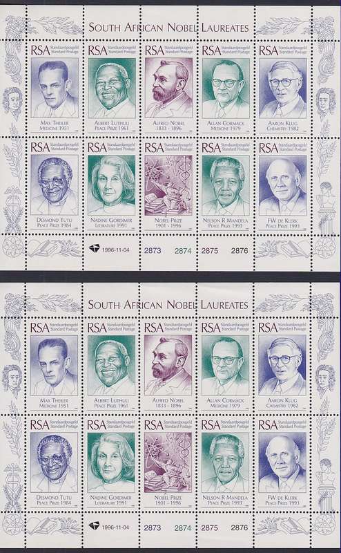 SOUTH AFRICA 1996 SA Nobel Laureates, 2 sheetlets (MNH, R600)