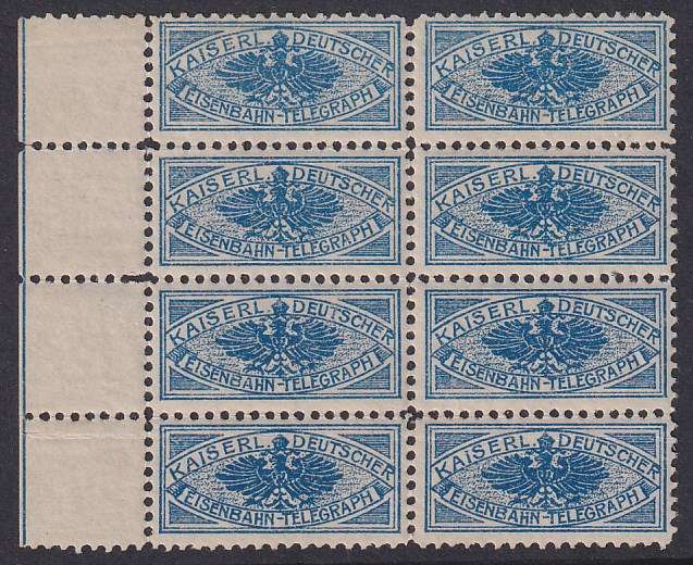 GERMAN EMPIRE marginal block of 8 Railway Telegraph seals with scarce EISENBAHN-TELEGRAPH printing