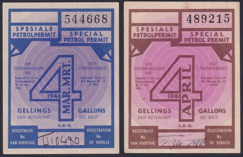 SOUTH AFRICA 1946 Petrol ration coupons for 4 gallons (2 coupons)
