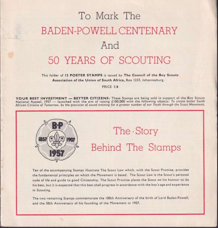 SOUTH AFRICA 1957 Baden-Powell Centenary and 50 Years of Scouting folder with labels