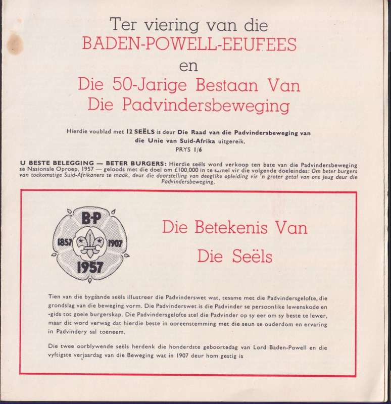 SOUTH AFRICA 1957 Baden-Powell Centenary and 50 Years of Scouting folder with labels