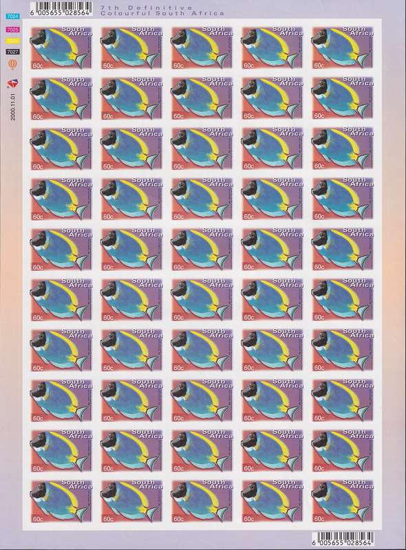 SOUTH AFRICA 7th Definitive rare imperforate full sheet of 60c dated 2000.11.01 (MNH)