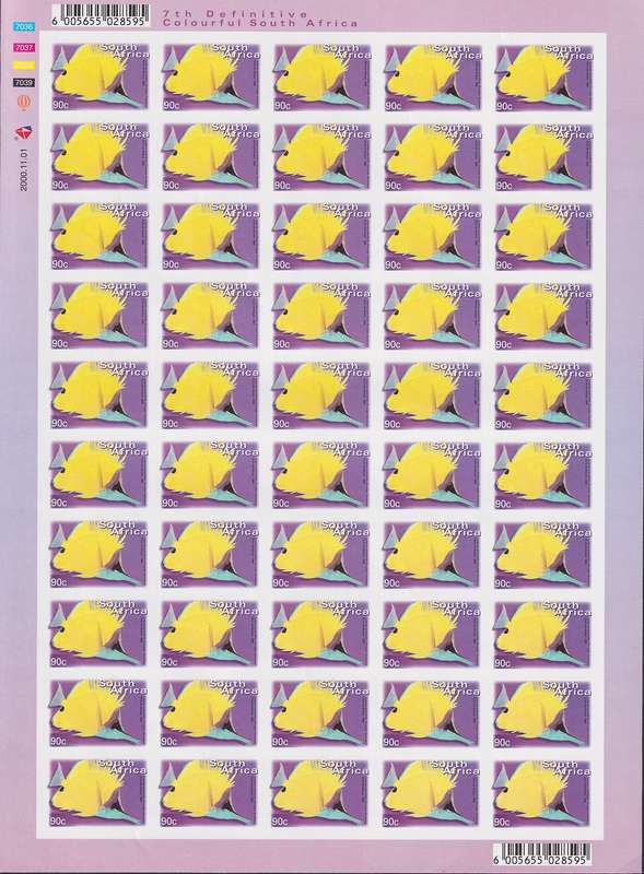 SOUTH AFRICA 7th Definitive rare imperforate full sheet of 90c dated 2000.11.01 (MNH)