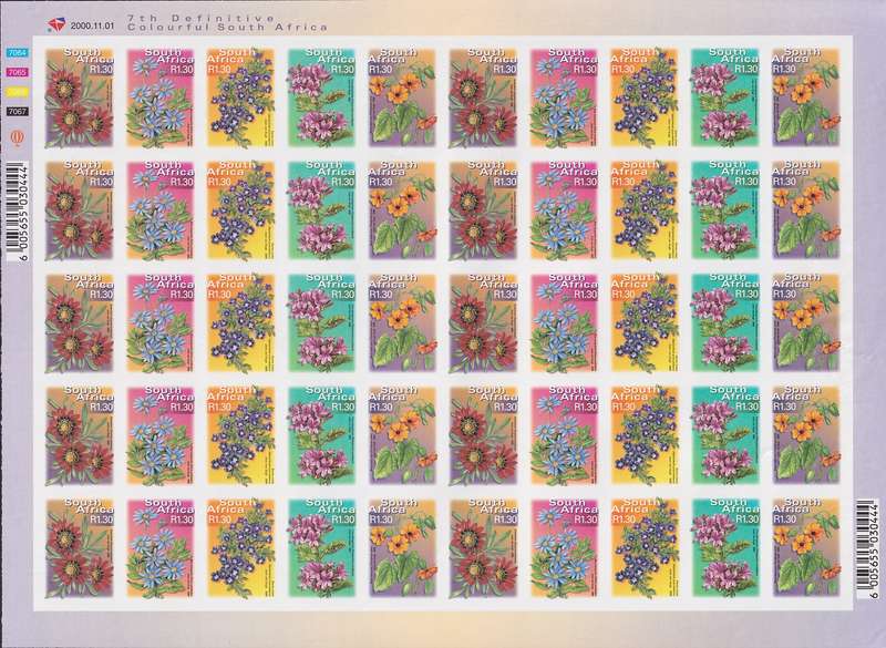 SOUTH AFRICA 7th Definitive rare imperforate full sheet of R1.30 dated 2000.11.01 (MNH)