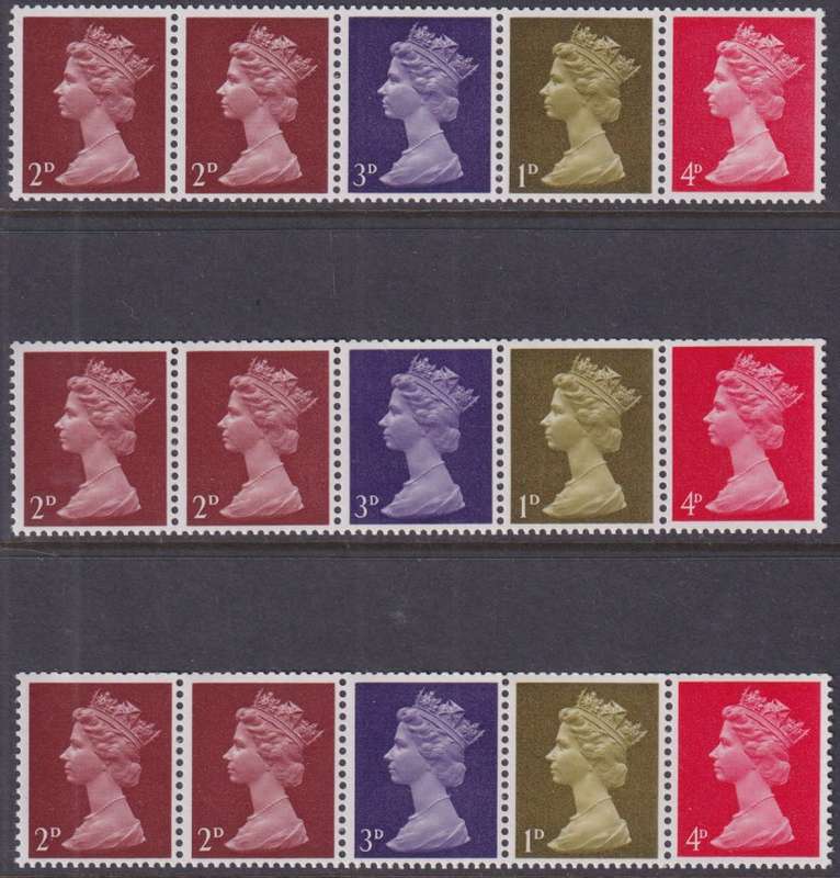 GREAT BRITAIN 1967 se-tenant coil stamps strips of 5 (3 strips, MNH)