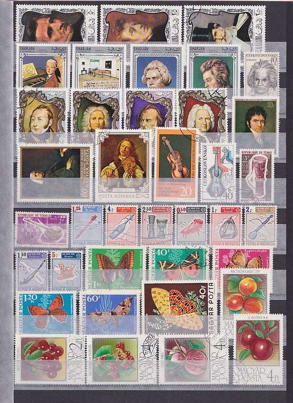 THEMATICS - 12 page stockbook filled with over 400 stamps, too many themes to list (12 scans)