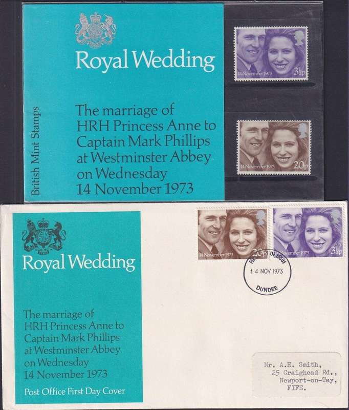 GB 1973 Royal Wedding presentation pack no. 56 and FDC with unlisted DUNDEE cancellation