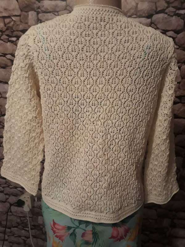 Pretty open cardigan in vanilla colour knitted in Leaf Lace Pattern and Crochet edge