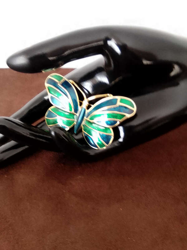 VINTAGE COSTUME GOLD TONE BUTTERFLY BROOCH WITH BLUE & GREEN ENAMEL - 6 cm