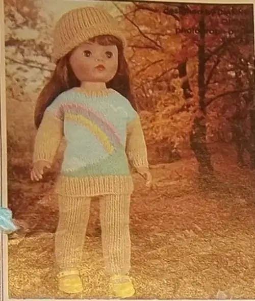 RAINBOW GIRL - PATTERN FOR 43 cm DOLL - FAIR ISLE PULLOVER, LEGGINGS & HAT - FIESTA BABY