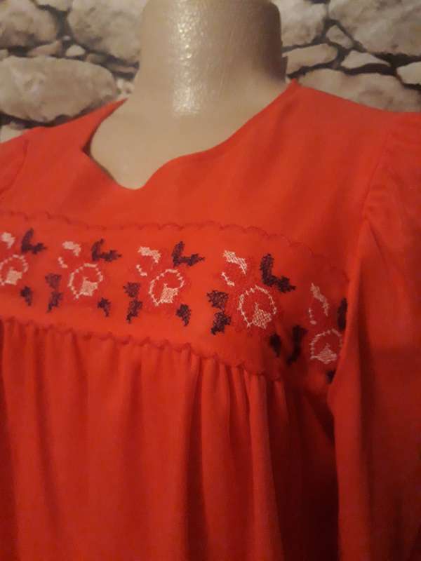 ONE OF A KIND VINTAGE CANDY RED BRUSHED SHEER NIGHTY WITH GATHERED YOKE - SIZE 10/34/M - AS NEW