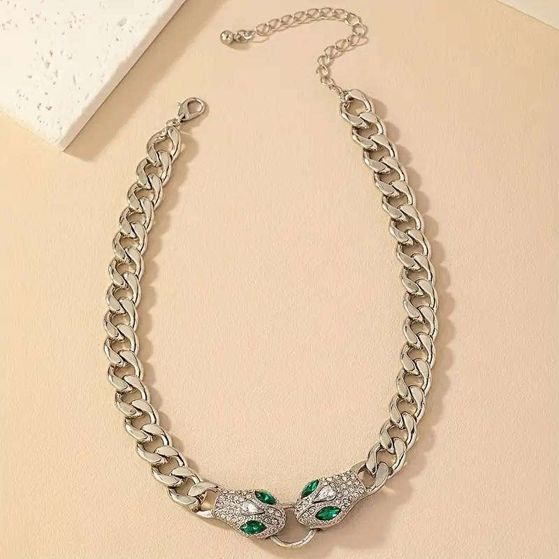 Elegant Silver-Tone Snake Head Pendant Necklace with Green Gemstones - Vintage Hip-Hop Style