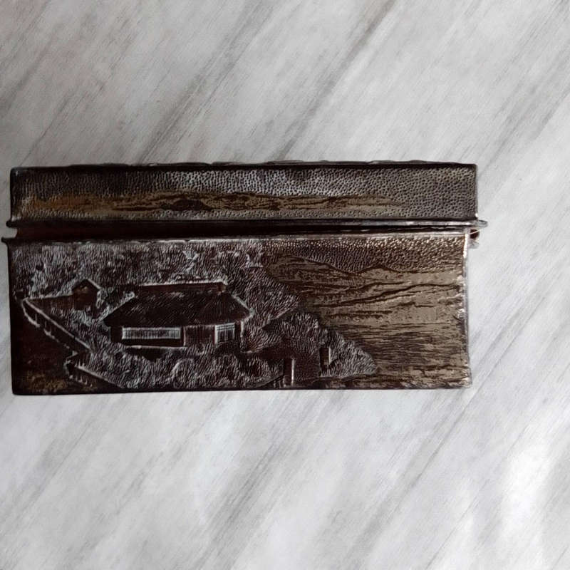Vintage, Crane Cigarette Box- Lidded, Metal Box with Embossed Design- Wood Lined- Cranes ect