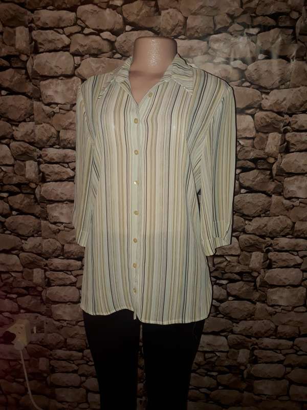 STRIPED POLYESTER BLOUSE IN BEIGE/GREEN AND BLUE - SIZE 10/34/M