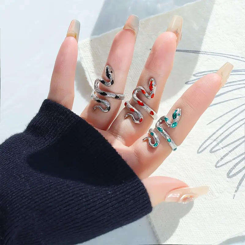 3 Snake Rings - Versatile Alloy Fashion Statement in black/red & green !!!!