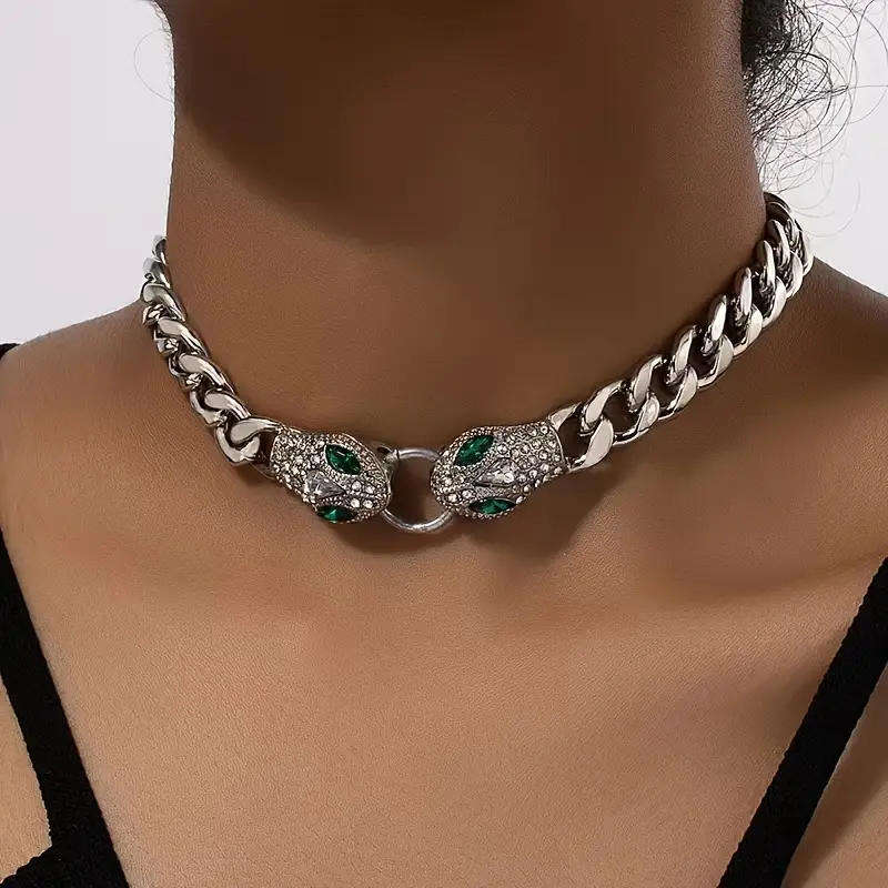 Elegant Silver-Tone Snake Head Pendant Necklace with Green Gemstones - Vintage Hip-Hop Style