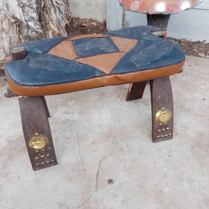 VINTAGE CAMEL SADDLE FOOT STOOL WOOD/SINEW BIND AND COPPER INLAYS AFTER 1950'S