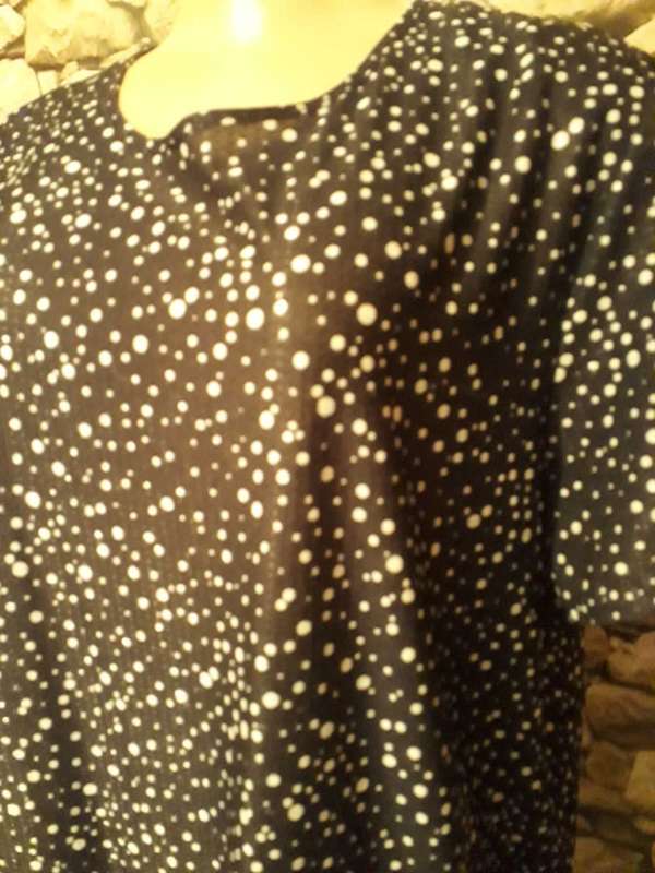 VINTAGE BLACK SILKY POLYESTER DRESS WITH WHITE DOTS WITH DOUBLE FRILLED BOTTOM - SIZE 14/38/XL.