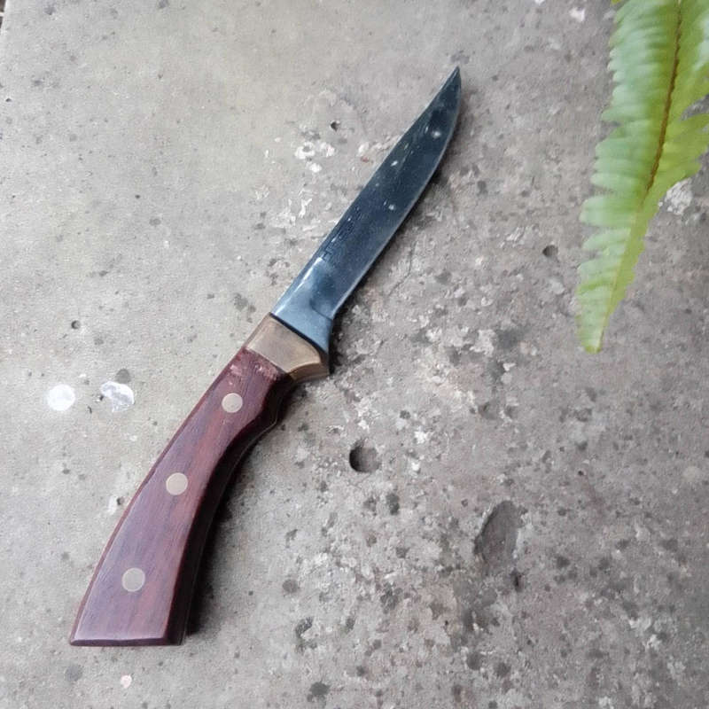 VINTAGE HI CUT STAINLESS STEEL KNIFE WITH WOOD AND BRASS INLAYS 25 CM