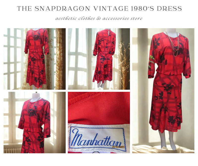 VINTAGE MANHATTAN BRAND 1980'S VINTAGE RED DRESS WITH LARGE BLACK FLOWERS -  AS NEW